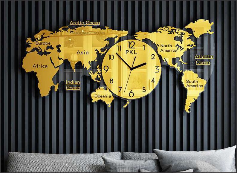 Bản đồ thế giới treo tường bằng inox, đồng, mica