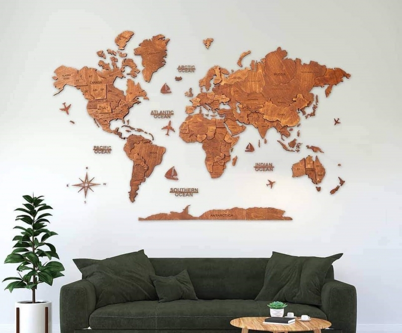 Bản đồ thế giới bằng gỗ treo văn phòng